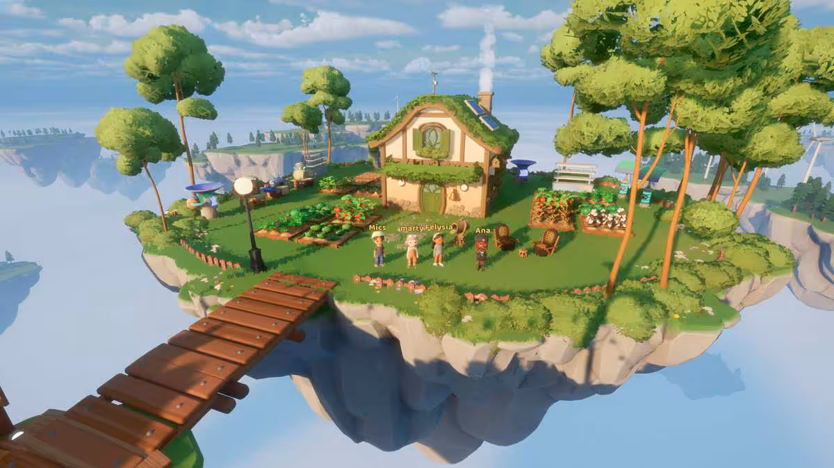 Loftia fixe sa sortie en accès anticipé au 3 novembre sur Steam à 29,99 dollars 2 Île flottante de Loftia avec maison écologique, potager, arbres et pont en bois