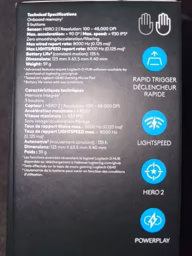 Dos de l’emballage Logitech G Pro X3 Superstrike listant spécifications techniques, Lightspeed, Hero 2 et Powerplay