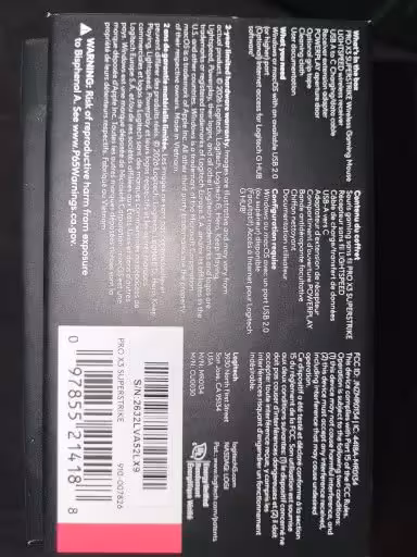 Face arrière de la boîte Logitech G Pro X3 Superstrike avec texte multilingue et code-barres