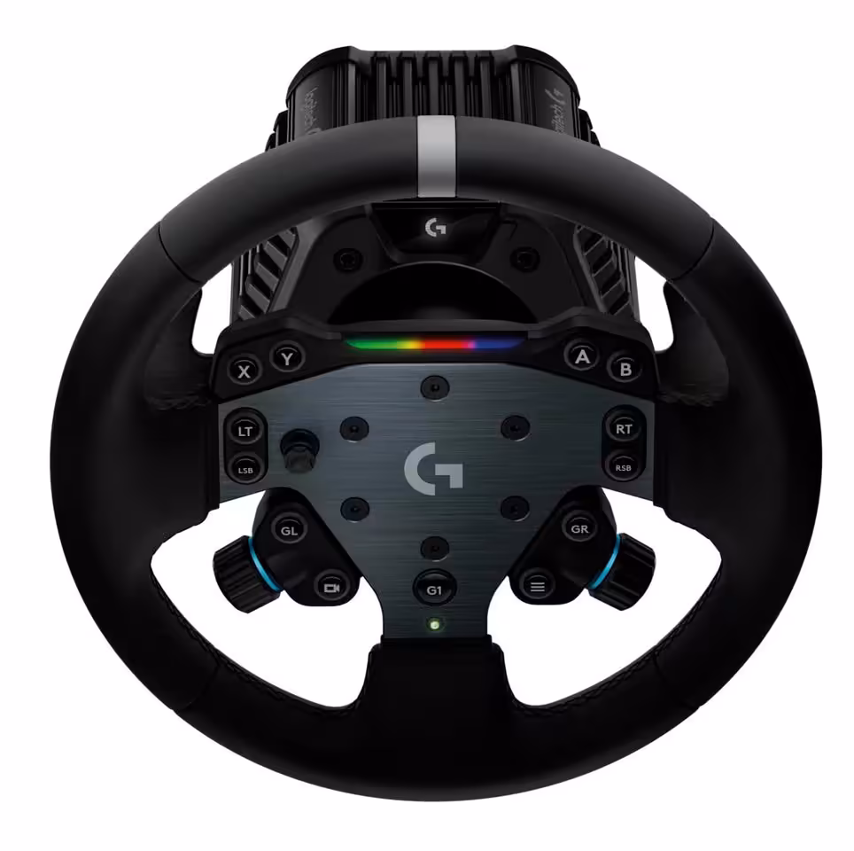 Vue frontale du volant rond Logitech Racing Series avec repère central gris