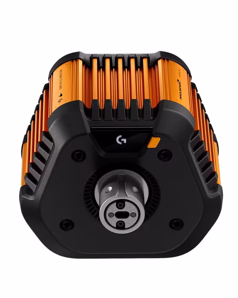 Arrière de la base Logitech RS50 McLaren avec dissipateur orange et connecteur de volant