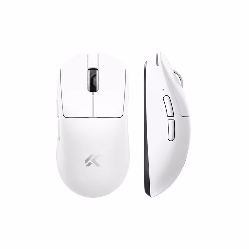 Souris Mchose A7 V3 blanche, vues de dessus et de profil, design minimaliste.