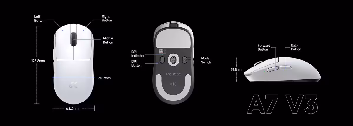 Schéma technique de la souris Mchose A7 V3 avec dimensions et emplacement des boutons.