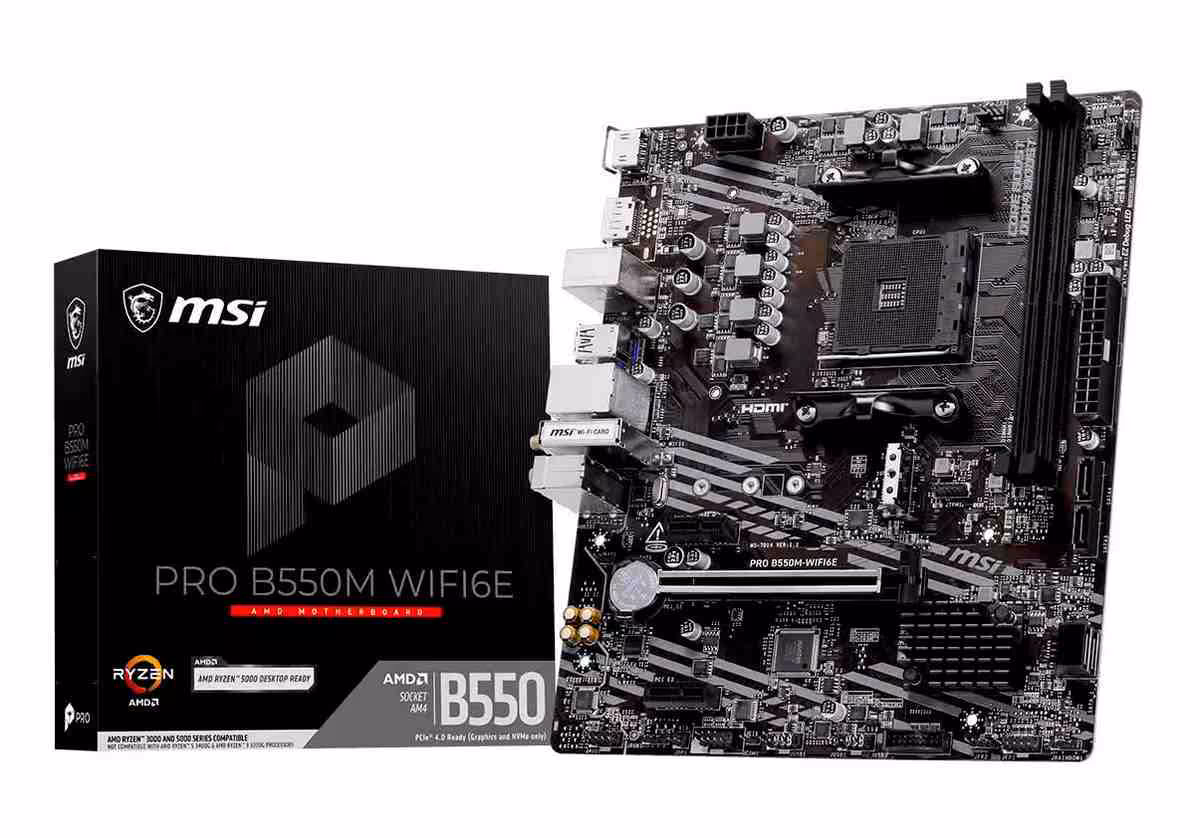 Carte mère MSI PRO B550M WIFI6E AM4 présentée avec sa boîte sur fond blanc
