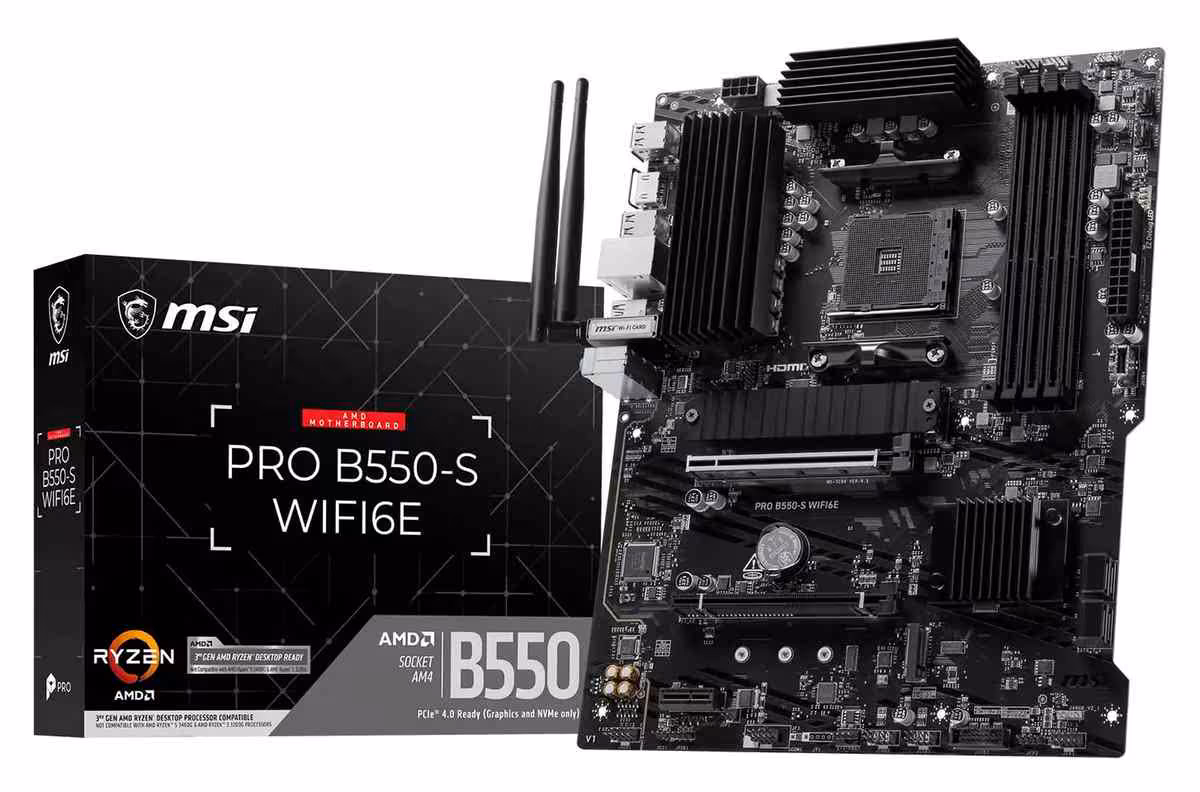 Carte mère MSI PRO B550-S WIFI6E avec antennes Wi-Fi et emballage AMD B550