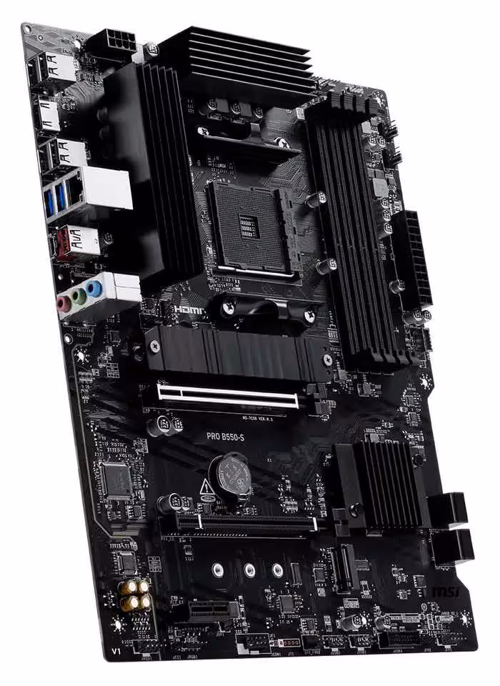Carte mère ATX MSI PRO B550-S avec socket AM4, deux ports PCIe et dissipateurs noirs