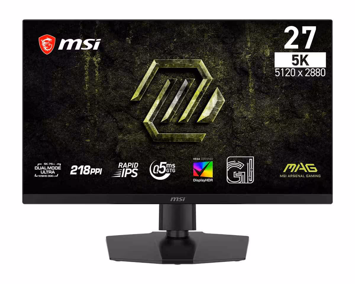 Moniteur gaming MSI MAG 271KPD7 de face, affichant dalle 27 pouces 5K et logos techniques