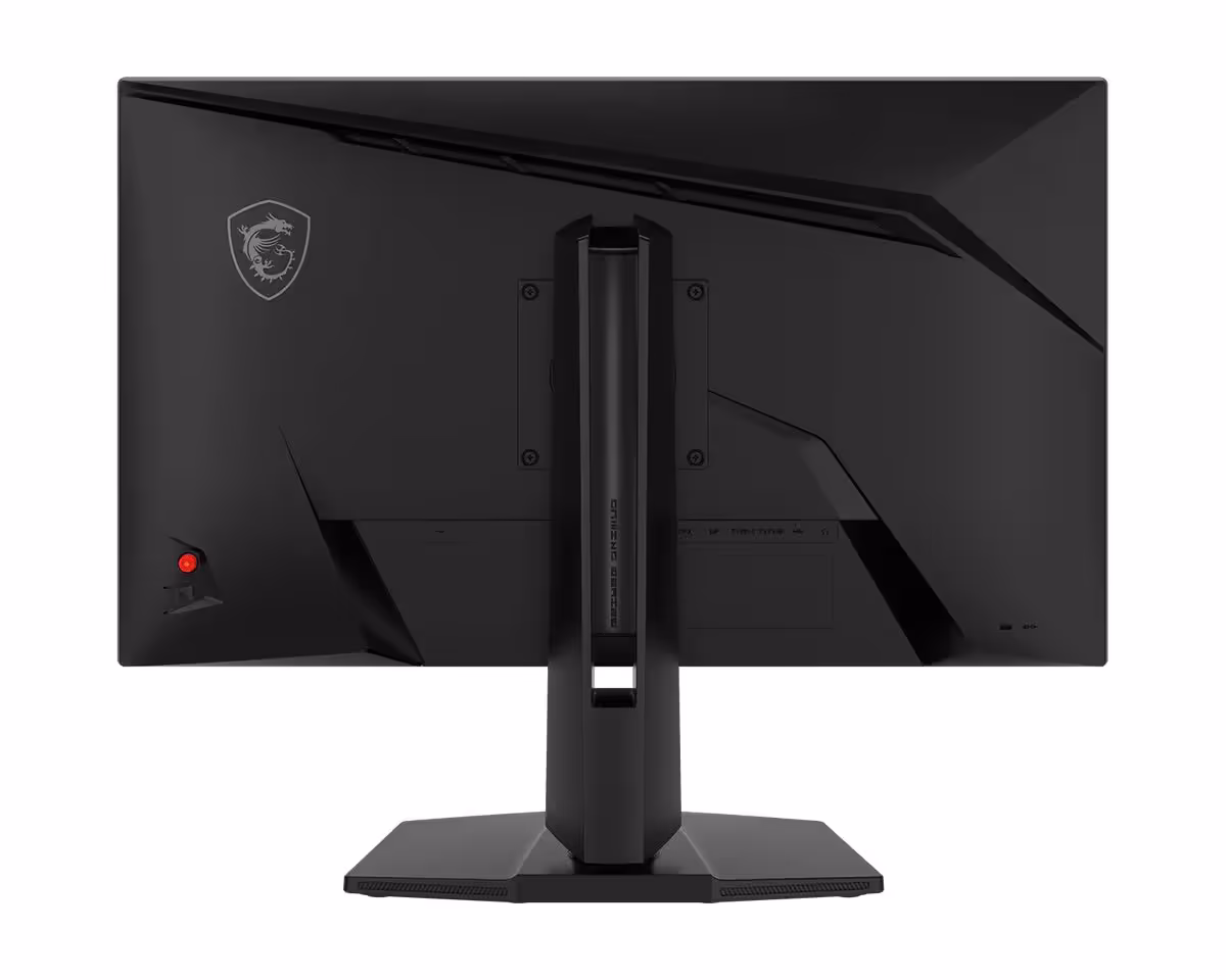 Vue arrière du moniteur gaming MSI MAG 271KPD7 noir avec pied réglable et logo MSI