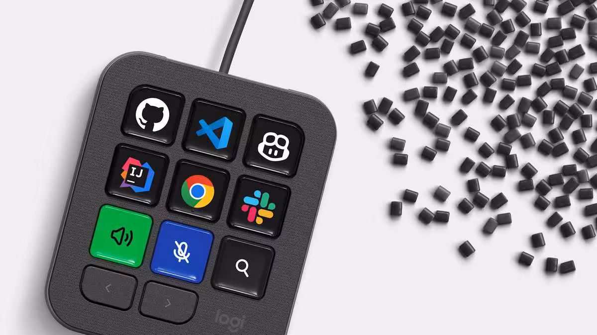 Pavé Logitech MX Keypad noir, vue de dessus avec touches personnalisables GitHub, Chrome, Slack et audio