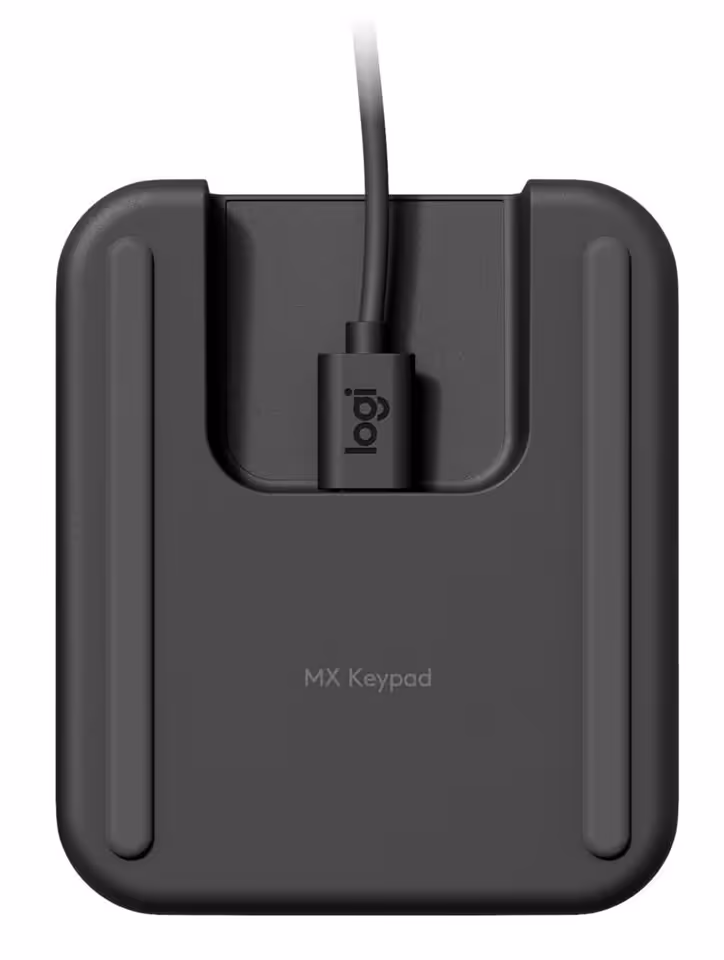 Dos du Logitech MX Keypad noir avec câble USB-C branché et logo MX Keypad visible