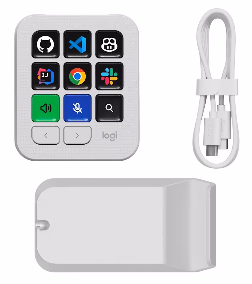Logitech MX Keypad blanc avec câble USB-C, support et accessoire de charge inclus