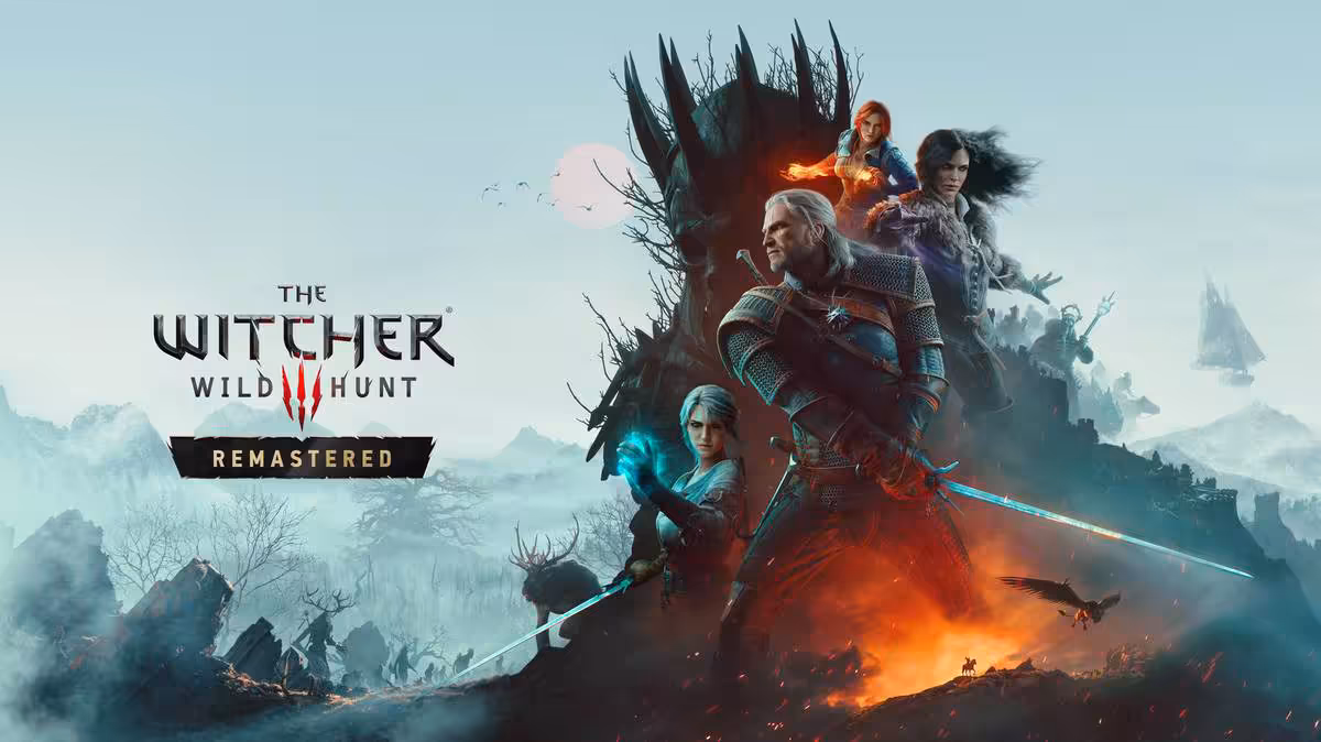 NVIDIA 617.14 WHQL optimise quatre jeux et corrige plusieurs écrans noirs 4 Visuel de The Witcher Wild Hunt Remastered avec Geralt et plusieurs personnages