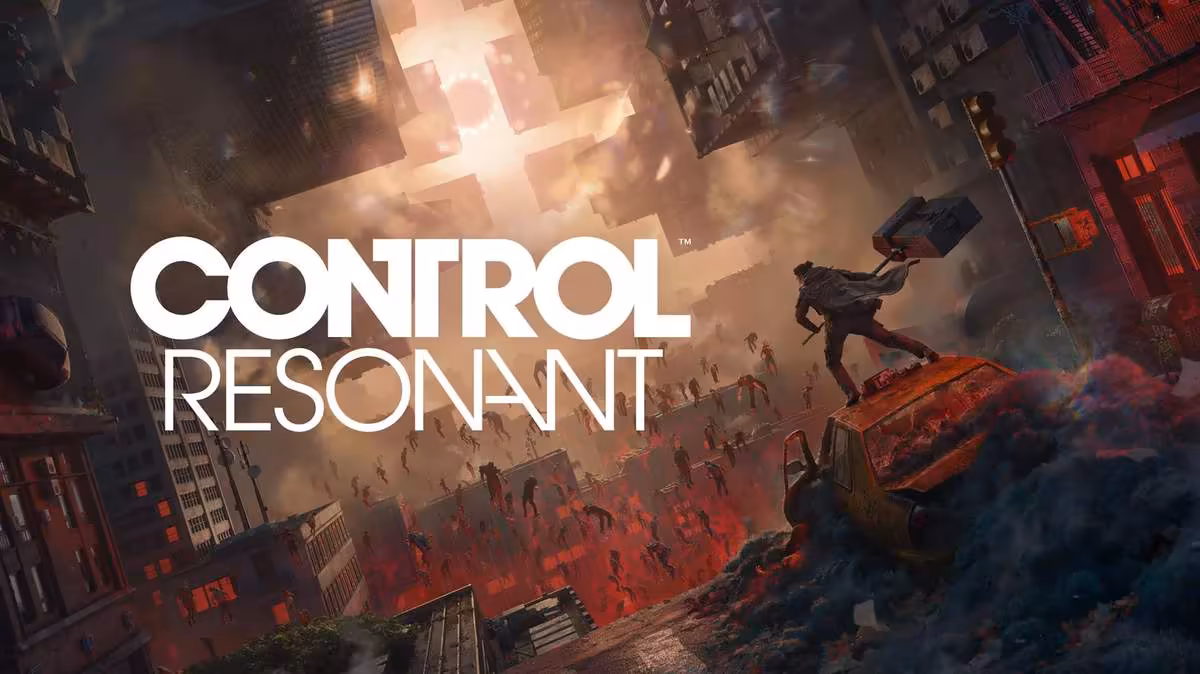 NVIDIA 617.14 WHQL optimise quatre jeux et corrige plusieurs écrans noirs 2 Visuel officiel de Control Resonant montrant une ville en ruines et des personnages en chute