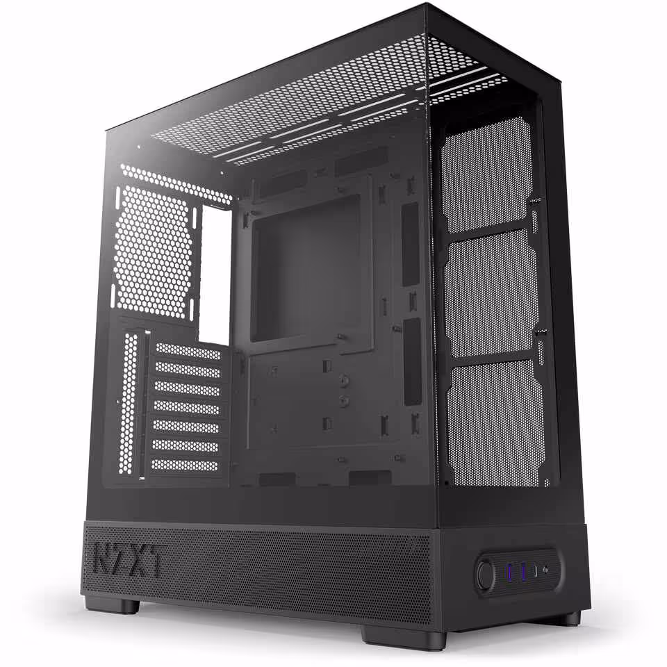 NZXT S5 RGB : deux boîtiers ATX panoramiques en acier proposés dès 59,90 € 6 Boîtier NZXT S5 RGB noir vide, vue arrière latérale montrant panneaux perforés