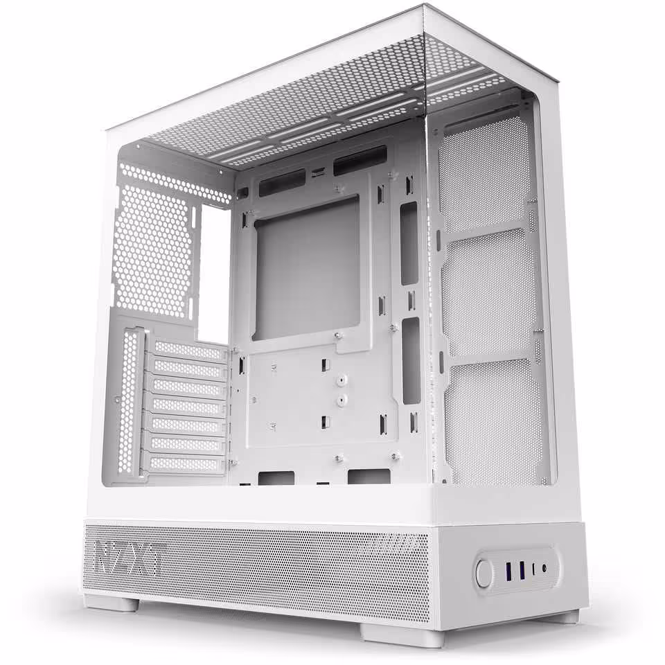 NZXT S5 RGB : deux boîtiers ATX panoramiques en acier proposés dès 59,90 € 9 Boîtier NZXT S5 RGB blanc vide, vue arrière latérale montrant panneaux perforés