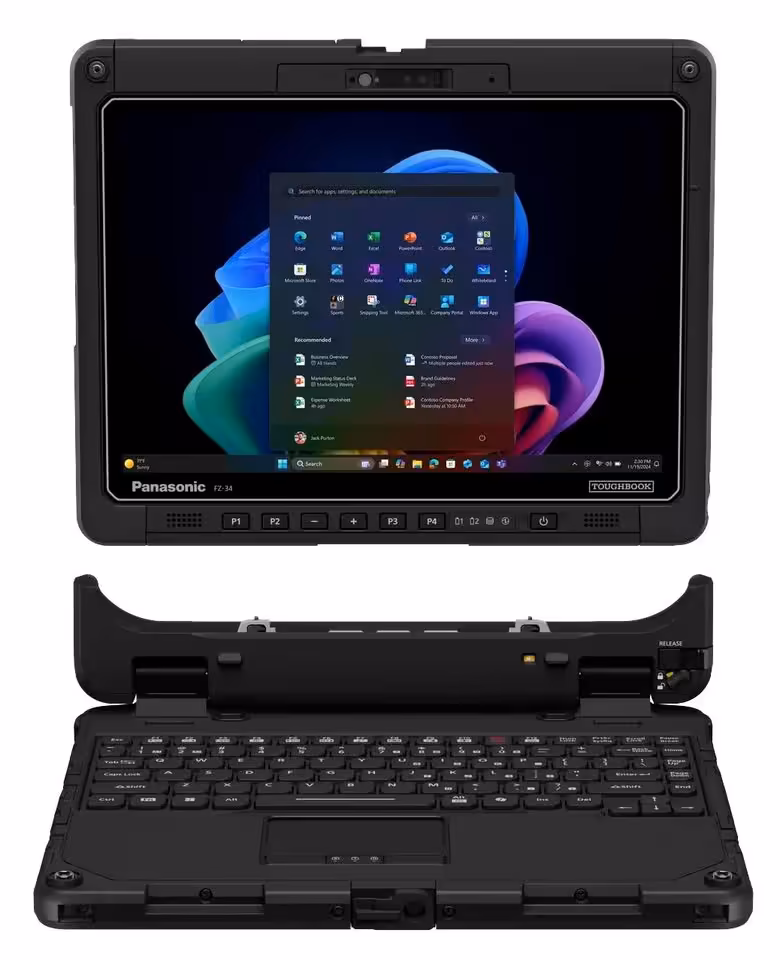 Panasonic TOUGHBOOK 34 et G3 : deux PC durcis modulaires taillés pour le terrain 3 Panasonic TOUGHBOOK 34 durci avec tablette détachable et clavier, affichant Windows 11 sur fond blanc