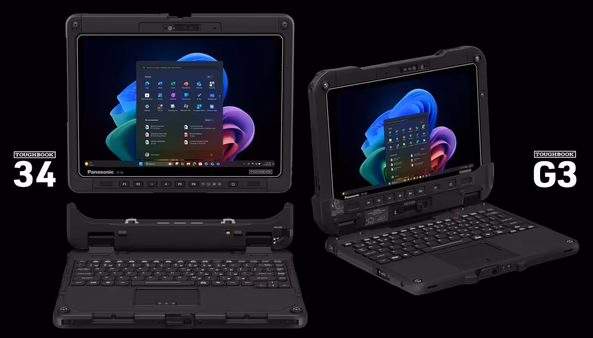 Panasonic TOUGHBOOK 34 et G3 : deux PC durcis modulaires taillés pour le terrain 2 Panasonic TOUGHBOOK 34 et TOUGHBOOK G3 durcis, présentés en tablette et ordinateur portable sur fond noir