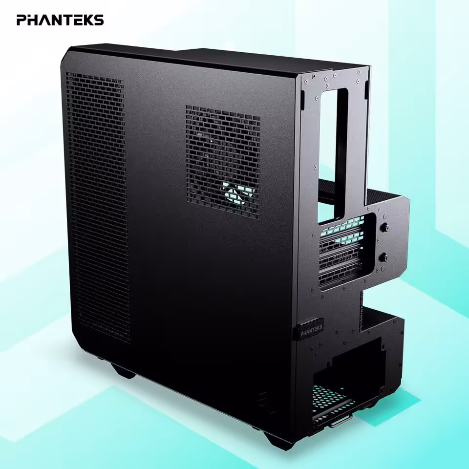 Boîtier Phanteks EX5 noir, vue arrière et latérale avec panneaux mesh et ouverture PSU