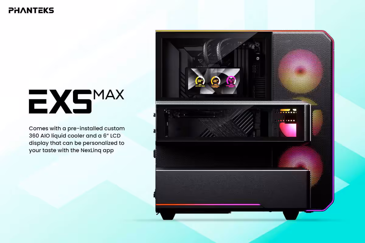 Phanteks EX5 Max avec AIO 360 mm, écran LCD 6,5 pouces et ARGB visibles