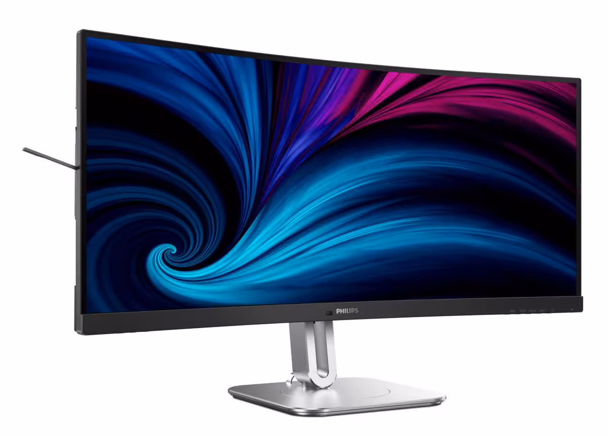 Philips 34B2U5900C : un écran 34 pouces qui bascule du 5K2K 120 Hz au 240 Hz 3 Moniteur Philips 34B2U5900C 34 pouces de trois-quarts, écran incurvé et pied métallique