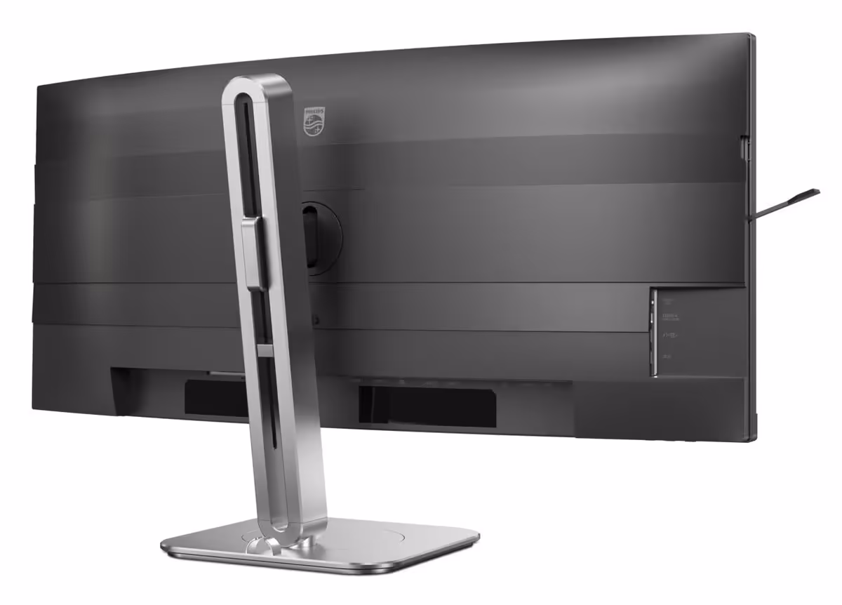 Philips 34B2U5900C : un écran 34 pouces qui bascule du 5K2K 120 Hz au 240 Hz 5 Vue arrière du moniteur Philips 34B2U5900C avec pied argenté et finition noire