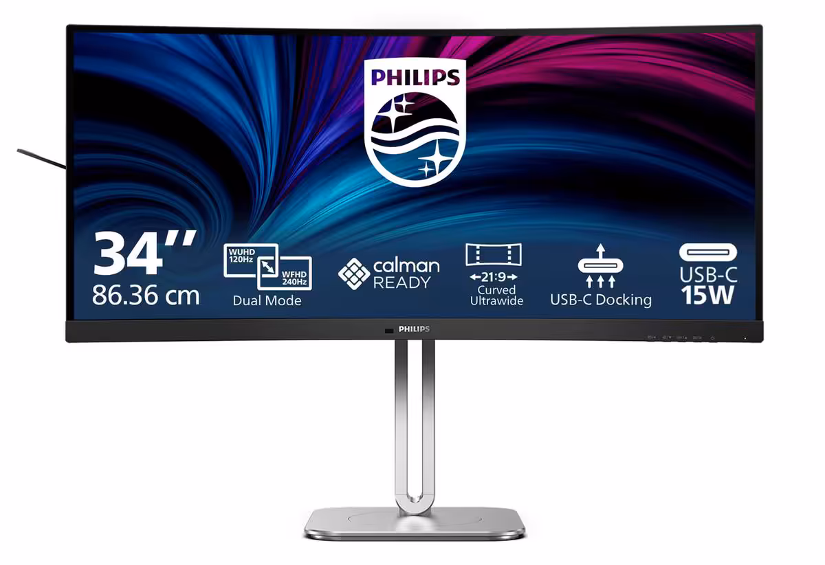 Philips 34B2U5900C : un écran 34 pouces qui bascule du 5K2K 120 Hz au 240 Hz 2 Moniteur Philips 34B2U5900C 34 pouces, vue de face avec écran incurvé et logo Philips