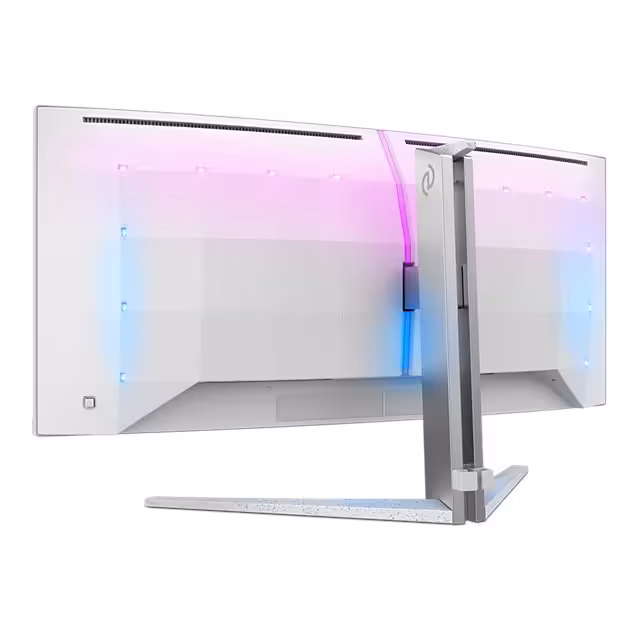 Philips Evnia 34M2C8600P : un QD-OLED 34 pouces 280 Hz taillé pour jouer et travailler 3 Dos du moniteur Philips Evnia 34M2C8600P avec pied métallique et éclairage RGB arrière
