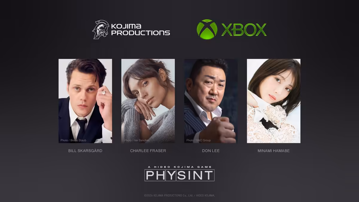 Physint dévoile son premier visuel officiel et précise son casting chez Xbox 2 Visuel promotionnel Physint montrant Bill Skarsgård, Charlee Fraser, Don Lee et Minami Hamabe avec logos Kojima Productions e