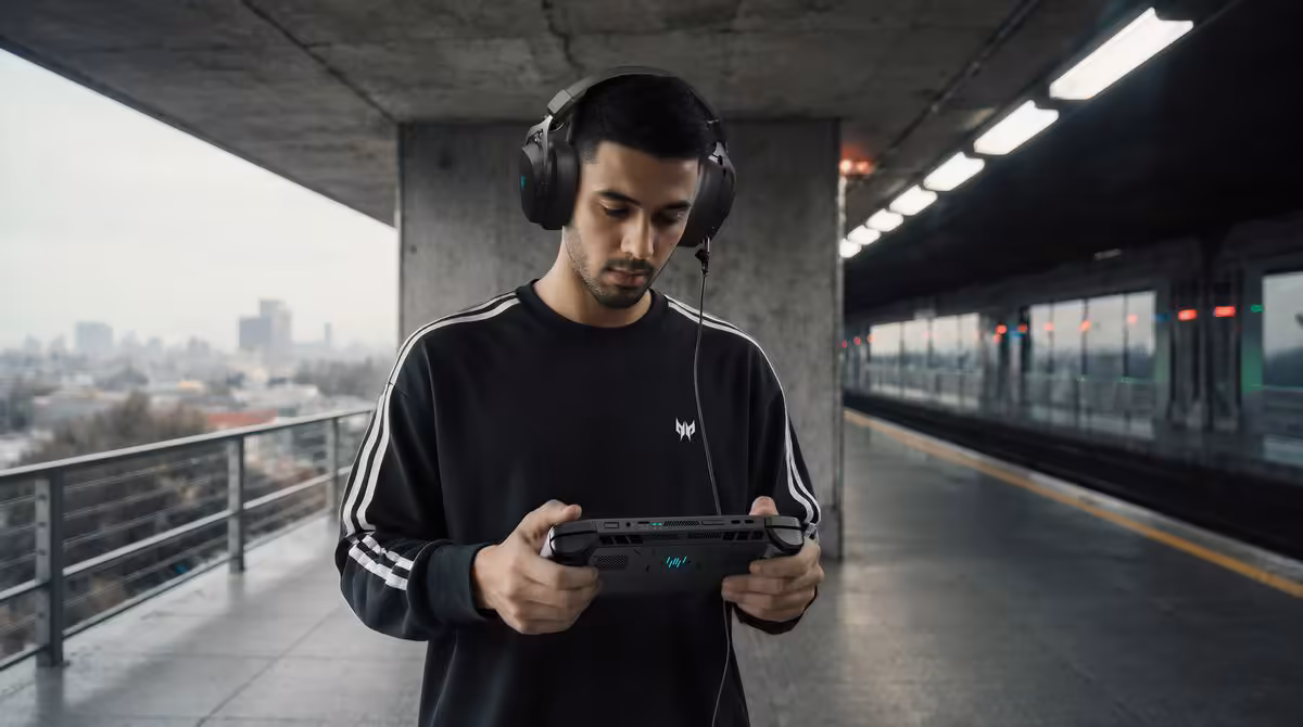 Joueur avec casque utilisant une console PC portable Predator Atlas 7 dans un environnement urbain