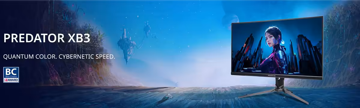 Predator XB253Q U1 : Acer lance un écran FHD 1000 Hz et muscle toute sa gamme 2026-2027 3 Bannière promotionnelle Predator XB3 avec écran Acer et visuel gaming dans un paysage futuriste.