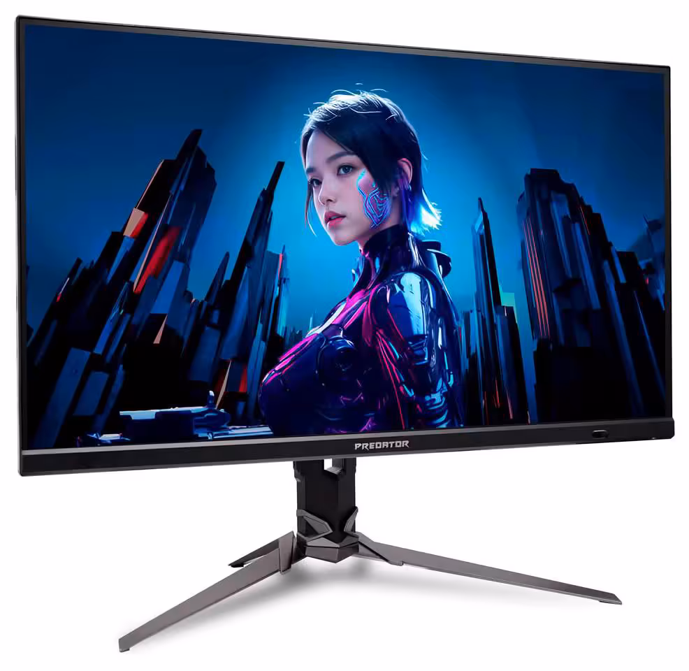 Predator XB253Q U1 : Acer lance un écran FHD 1000 Hz et muscle toute sa gamme 2026-2027 5 Moniteur gamer Acer Predator XB253Q U1 en vue trois-quarts, affichage cyberpunk et pied à branches.