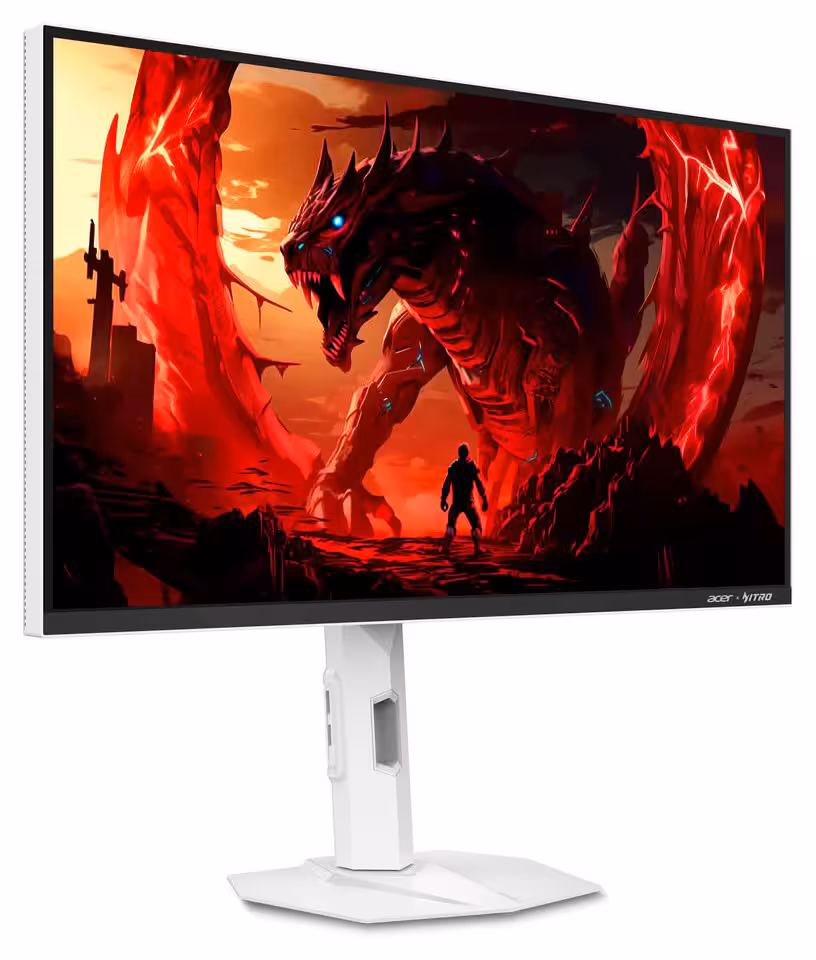 Predator XB253Q U1 : Acer lance un écran FHD 1000 Hz et muscle toute sa gamme 2026-2027 6 Écran Acer blanc avec pied carré, affichant un dragon rouge sur fond orange.