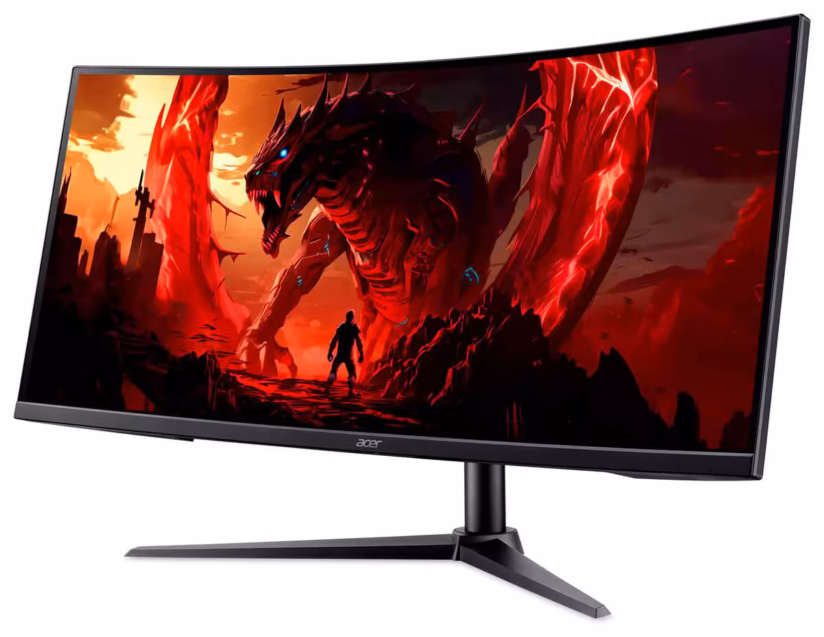 Predator XB253Q U1 : Acer lance un écran FHD 1000 Hz et muscle toute sa gamme 2026-2027 7 Moniteur Acer incurvé noir avec dragon rouge à l’écran, posé sur pied en V.