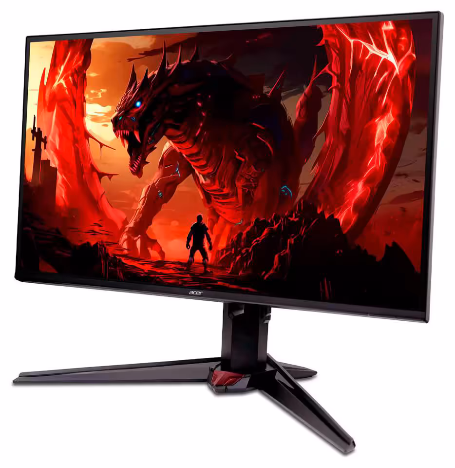 Predator XB253Q U1 : Acer lance un écran FHD 1000 Hz et muscle toute sa gamme 2026-2027 9 Moniteur Acer Predator noir avec dragon rouge, vue inclinée trois-quarts et pied en étoile.