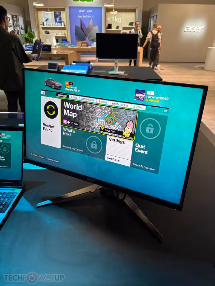 Predator XB253Q U1 : Acer pousse le 1000 Hz natif en Full HD à l’IFA 2026 2 Moniteur Acer Predator affichant le menu World Map, vue de face sur pied gaming noir