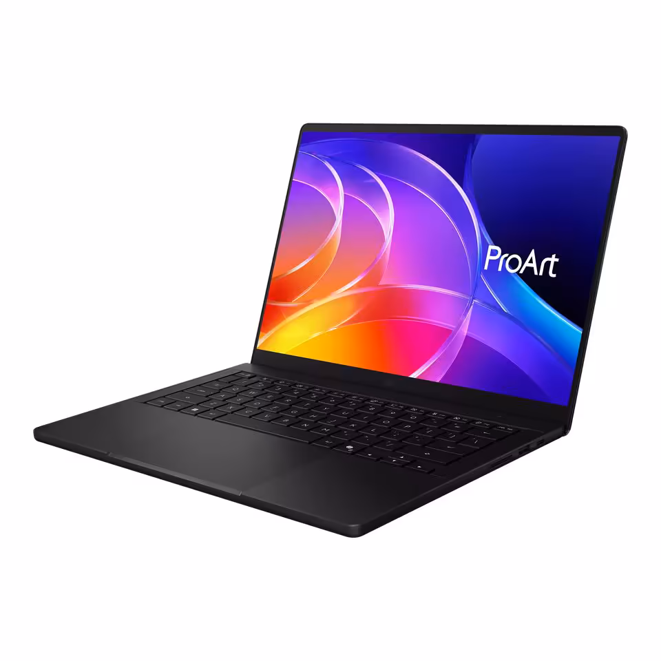 Ordinateur portable ASUS ProArt noir sur fond blanc, écran couleur affichant le logo ProArt