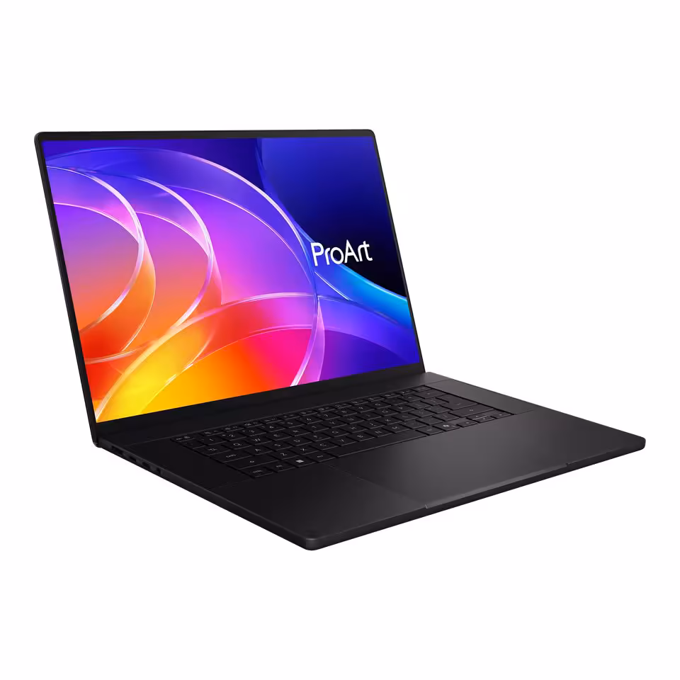 Ordinateur portable ASUS ProArt noir, vue trois-quarts avec écran coloré et clavier complet