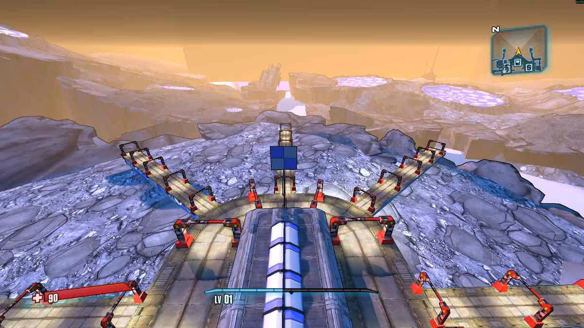 Project Moonshot fusionne Borderlands 2 et The Pre-Sequel dans un seul mod ambitieux 3 Vue aérienne d’une plateforme industrielle dans Borderlands, avec passerelles et ciel orange