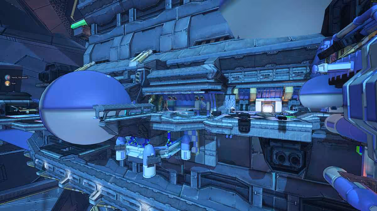 Project Moonshot fusionne Borderlands 2 et The Pre-Sequel dans un seul mod ambitieux 4 Intérieur futuriste bleu de The Pre-Sequel, avec passerelles, sphères et structures sci-fi