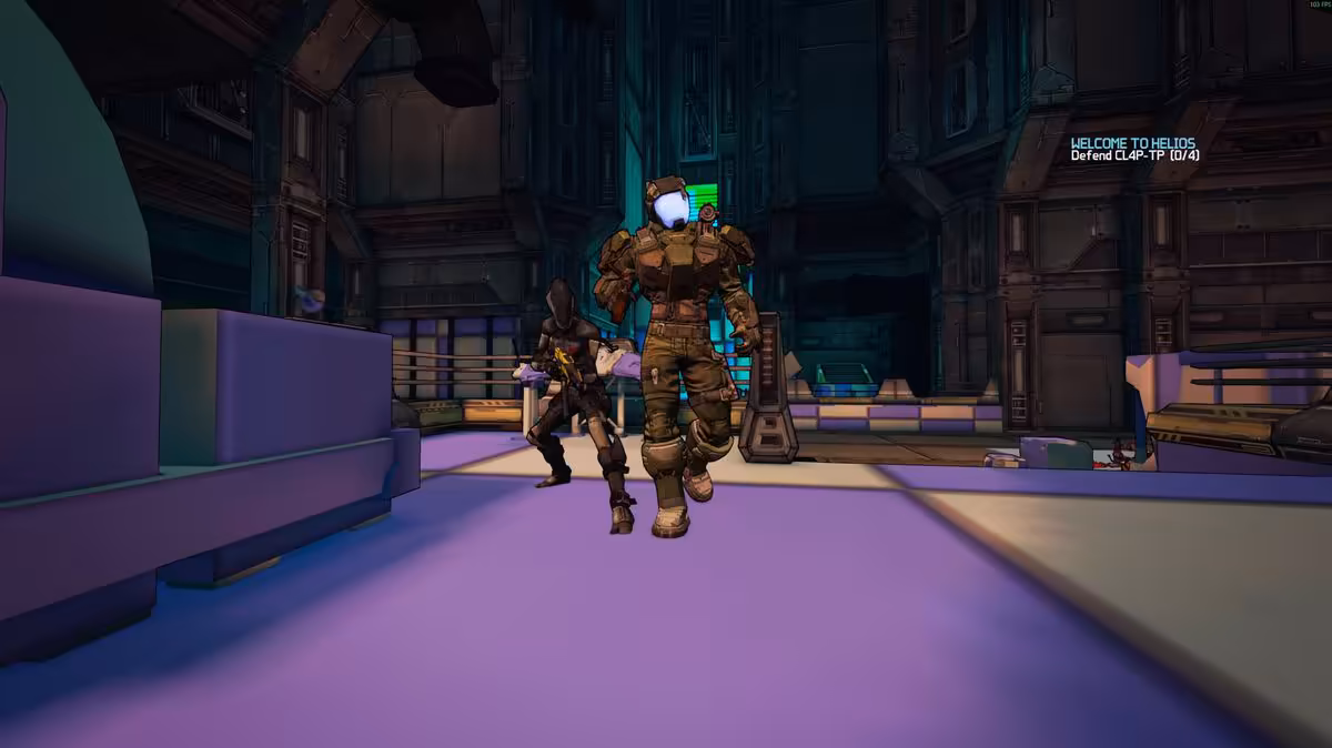 Project Moonshot fusionne Borderlands 2 et The Pre-Sequel dans un seul mod ambitieux 5 Deux personnages de Borderlands dans une salle industrielle sombre, avec éclairage violet et néon