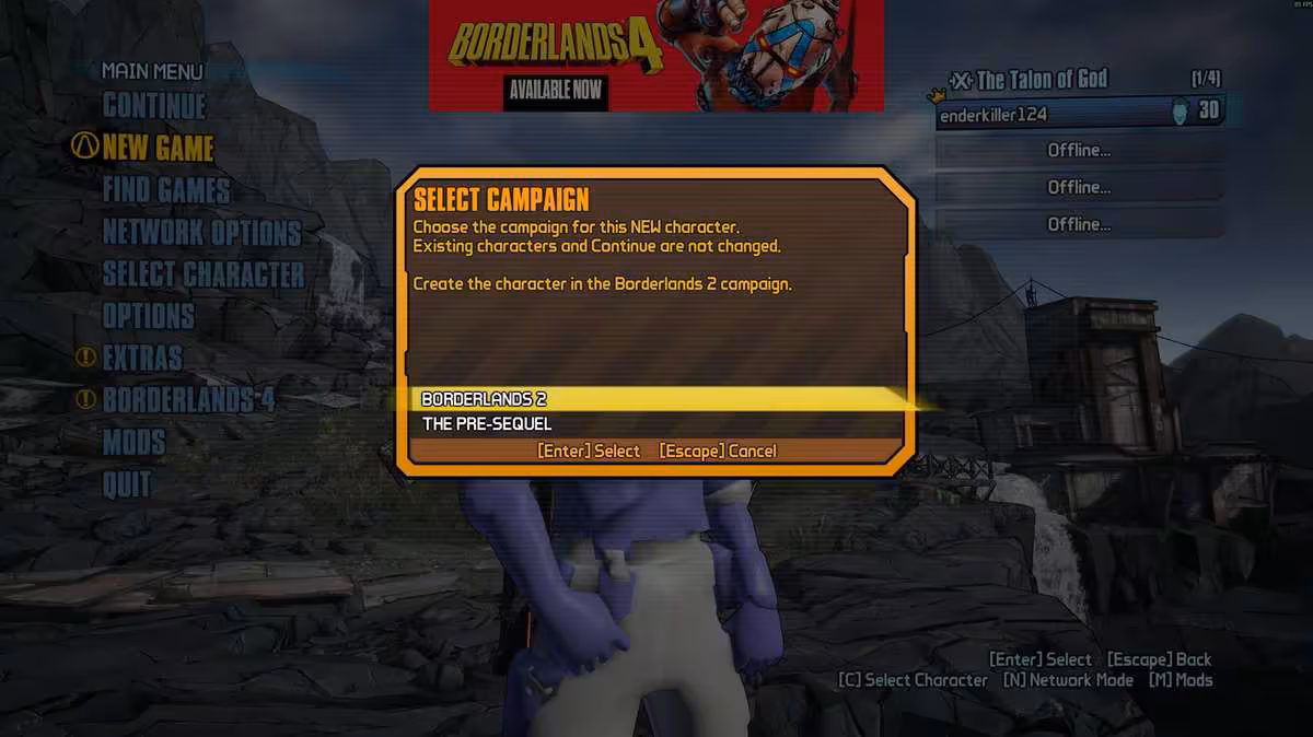 Project Moonshot fusionne Borderlands 2 et The Pre-Sequel dans un seul mod ambitieux 2 Menu Borderlands 2 affichant le choix de campagne entre Borderlands 2 et The Pre-Sequel