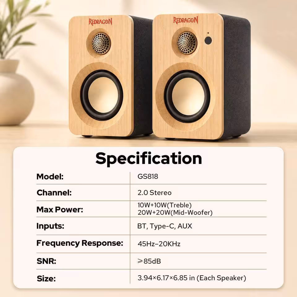 Redragon GS818 : des enceintes de bureau 60 W en bambou à moins de 80 dollars 4 Enceintes Redragon GS818 en bois clair avec tableau des spécifications techniques