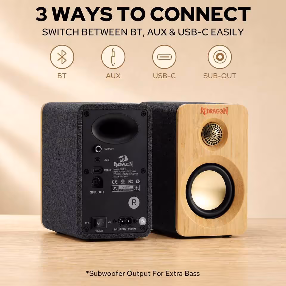 Redragon GS818 : des enceintes de bureau 60 W en bambou à moins de 80 dollars 5 Connectique arrière et enceinte Redragon GS818, avec Bluetooth, AUX, USB-C et sortie caisson