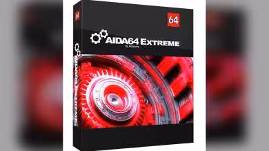 Boîte du logiciel AIDA64 Extreme, packaging noir avec logo 64 rouge et visuel circulaire rouge futuriste
