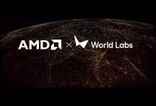 Logos AMD et World Labs sur fond sombre représentant un globe numérique interconnecté