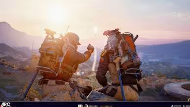 Arc Raiders montre deux combattants équipés de combinaisons futuristes dans un paysage montagneux au coucher du soleil