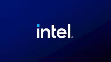 Logo Intel blanc sur fond bleu dégradé