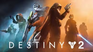 Visuel promotionnel Destiny 2 montrant gardiens armés, vaisseaux et logo du jeu Bungie sur fond de bataille sci-fi