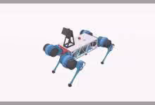 Modèle CAO d’un robot quadrupède à quatre jambes articulées, châssis métallique et actionneurs bleus visibles