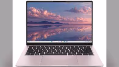 Ordinateur portable Dell rose ouvert, écran Windows affichant un fond d’écran paysage, clavier et pavé tactile visibles